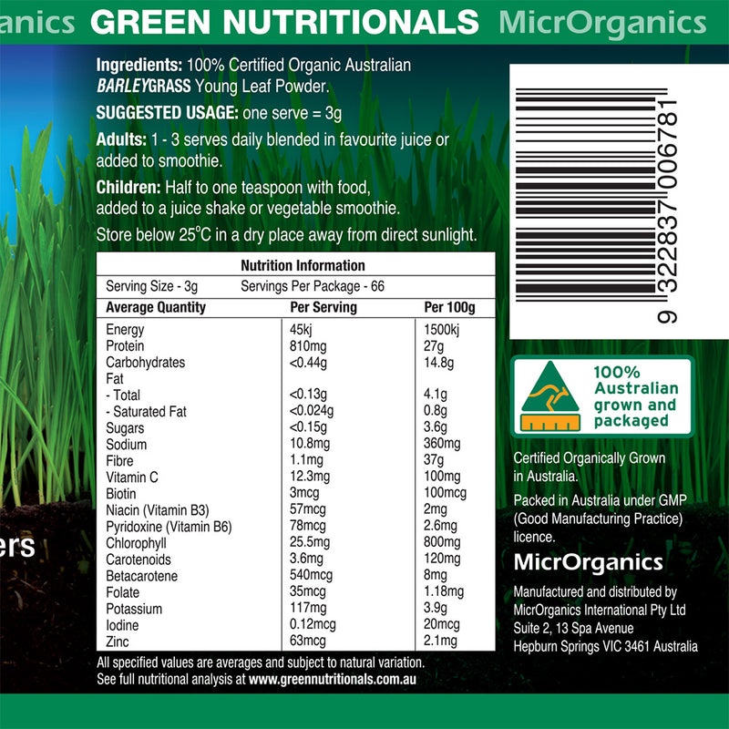 Load image into Gallery viewer, Microrganics Green Nutritionals Organic Barley Grass Powder 200g