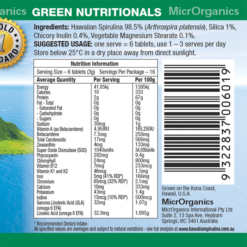 Load image into Gallery viewer, Microrganics Green Nutritionals Hawaiian Spirulina 500Mg 200 tablets
