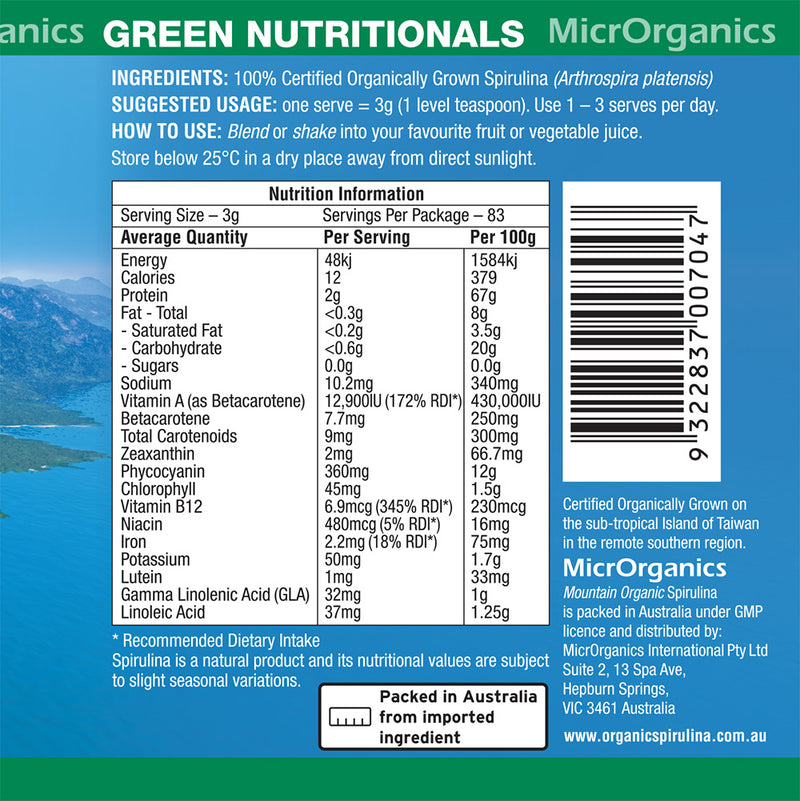 Load image into Gallery viewer, Microrganics Green Nutritionals Mountain Organic Spirulina Powder 250g