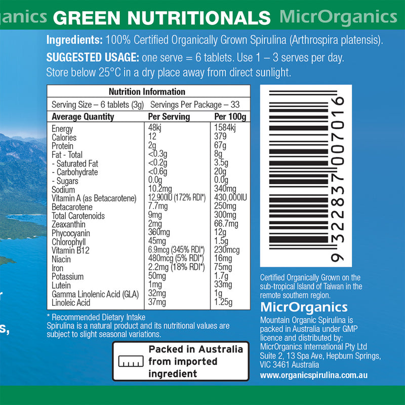 Load image into Gallery viewer, Microrganics Green Nutritionals Mountain Organic Spirulina 500Mg 500 tablets