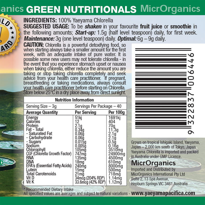 Load image into Gallery viewer, Microrganics Green Nutritionals Yaeyama Pacifica Chlorella Powder 120g