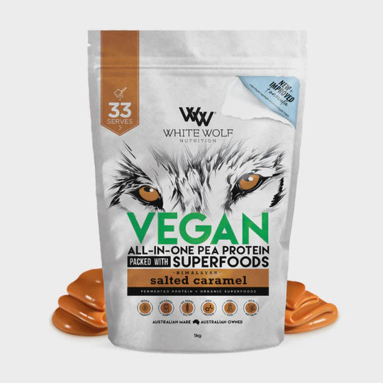 Load image into Gallery viewer, White Wolf Vegan All-In-One Pea Protein Salted Caramel 1kg