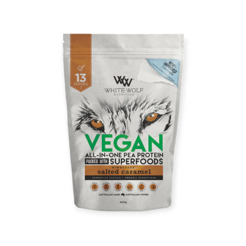 Load image into Gallery viewer, White Wolf Vegan All-In-One Pea Protein Salted Caramel 400g