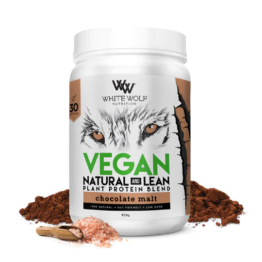 Load image into Gallery viewer, White Wolf Natural &amp; Lean Vegan Protein Blend Chocolate Malt 900g
