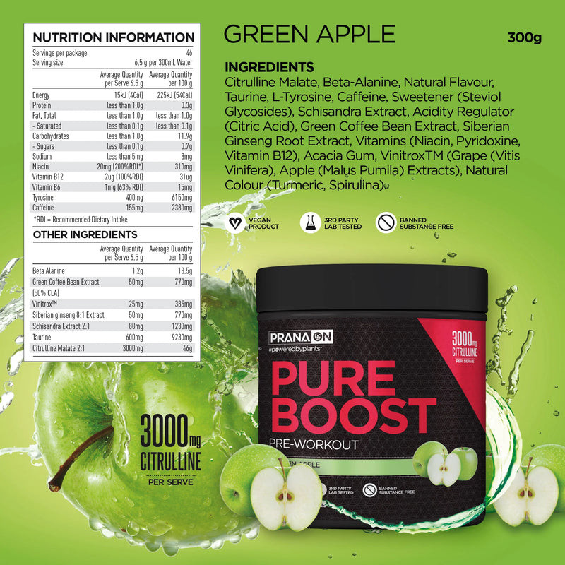 Load image into Gallery viewer, Prana Pure Boost Pre-workout Green Apple 300g
