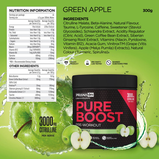 Prana Pure Boost Pre-workout Green Apple 300g