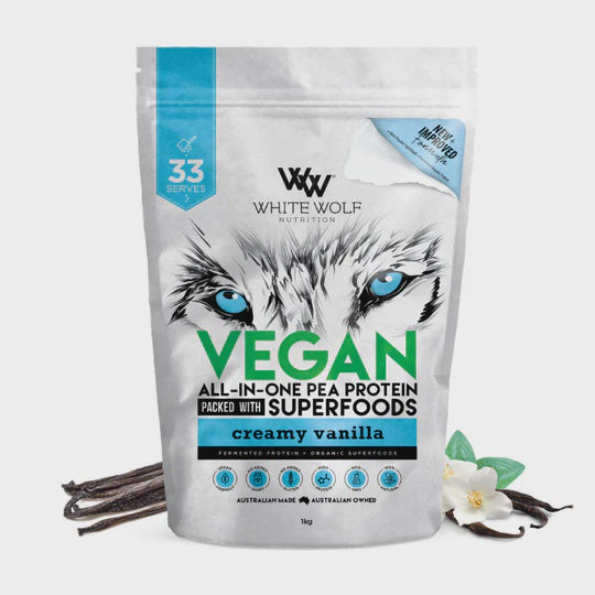 Load image into Gallery viewer, White Wolf Vegan All-In-One Pea Protein Vanilla 1kg
