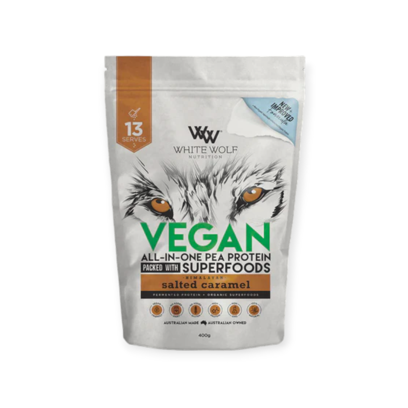 Load image into Gallery viewer, White Wolf Vegan All-In-One Pea Protein Salted Caramel 400g
