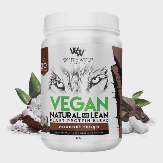 Load image into Gallery viewer, White Wolf Natural &amp; Lean Vegan Protein Blend Coconut Rough 900g
