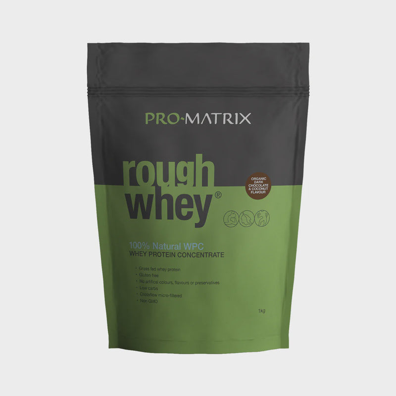 Load image into Gallery viewer, Pro-Matrix Rough Whey Pasture Fed WPC (organic dark chocolate &amp; coconut flavour) 1kg
